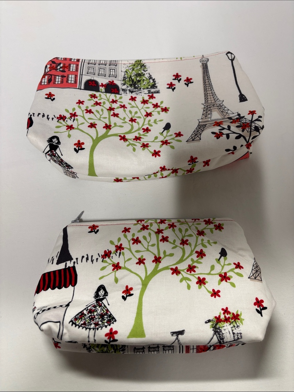Paris Print Cosmetic Pouch Set in White with Red & Green Accents